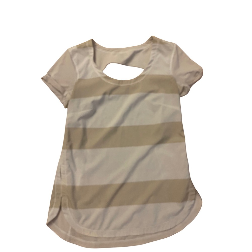 Lululemon Short Sleeve Striped Athletic Top White Tan Back Cutout Yoga Shirt